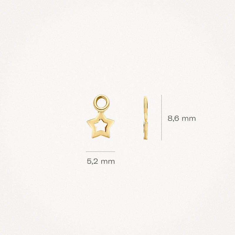 Kleine stervormige oorbedel van 14k geelgoud, 8,6 mm hoog en 5,2 mm breed.