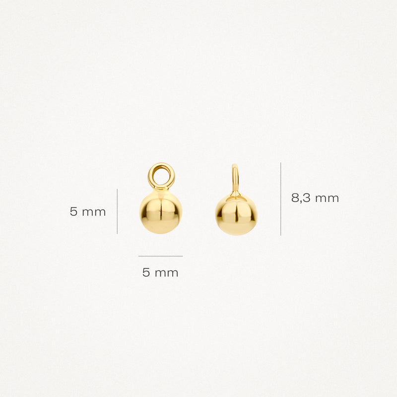 Kleine bolvormige oorbedel van 14k geelgoud met oogje, 5 mm breed en 8,3 mm lang.