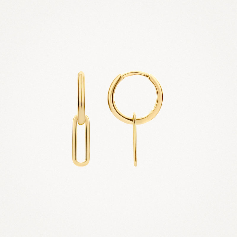 Oorbellen 14k geelgoud met smal ovaal hangertje en gladde afwerking.