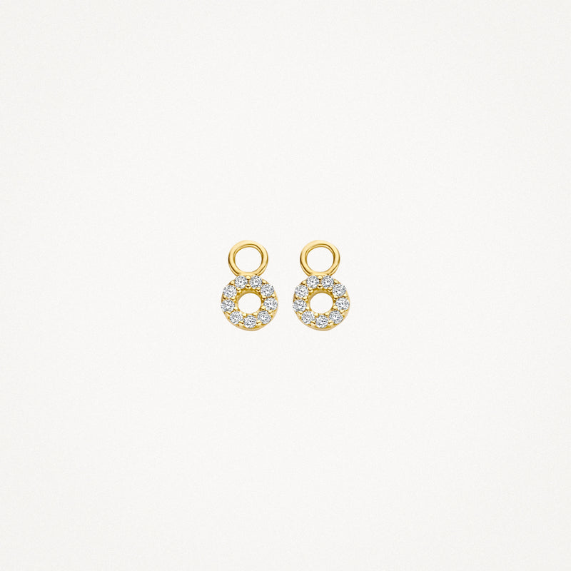 14k Goud oorbedels met ronde zirkonia en kleine oogjes voor bevestiging.