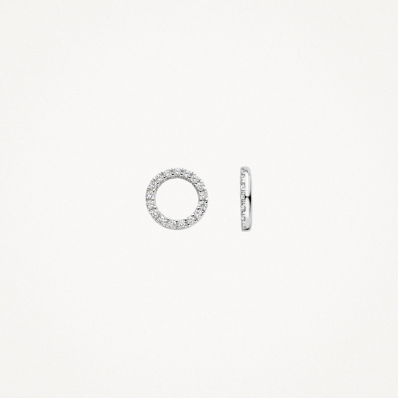 Oorbedels van 14k wit goud met ronde zirkonia ring en slank profiel.