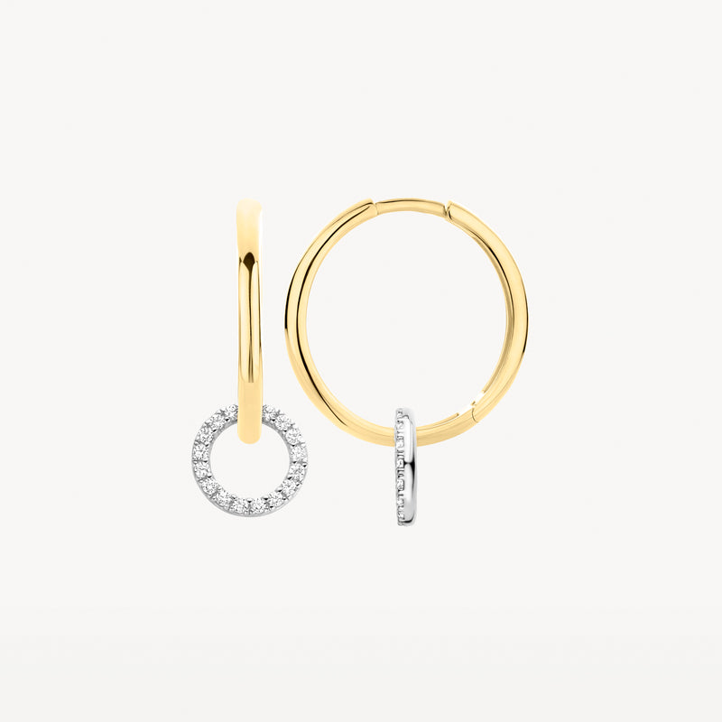 14k Wit goud oorbellen met kleine zirkonia cirkel hangers en gladde ringen.