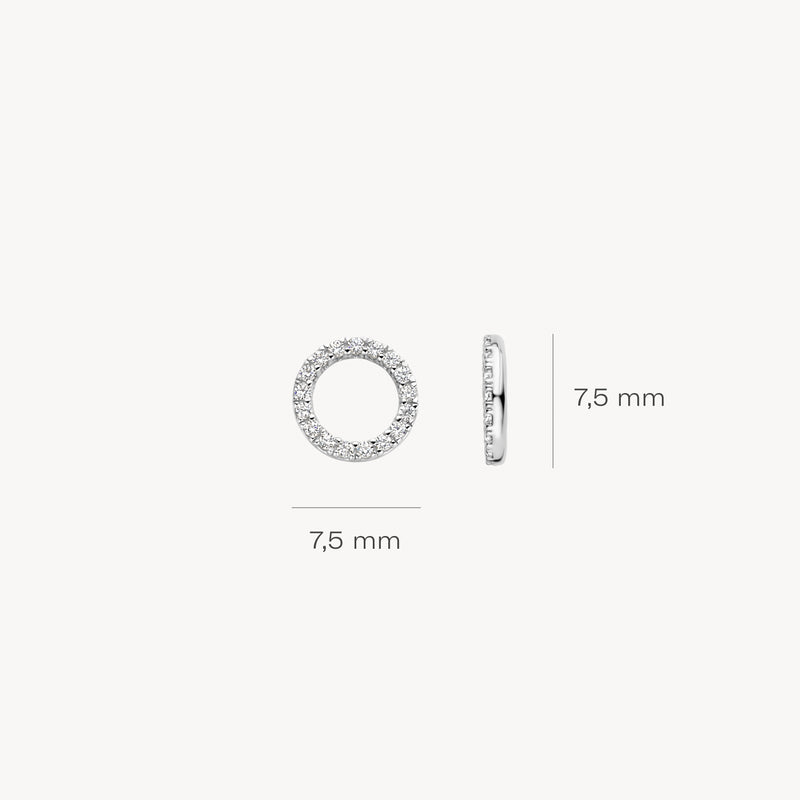 Ronde oorbedels van 14k wit goud met zirkonia van 7,5 mm diameter en 7,5 mm dikte.
