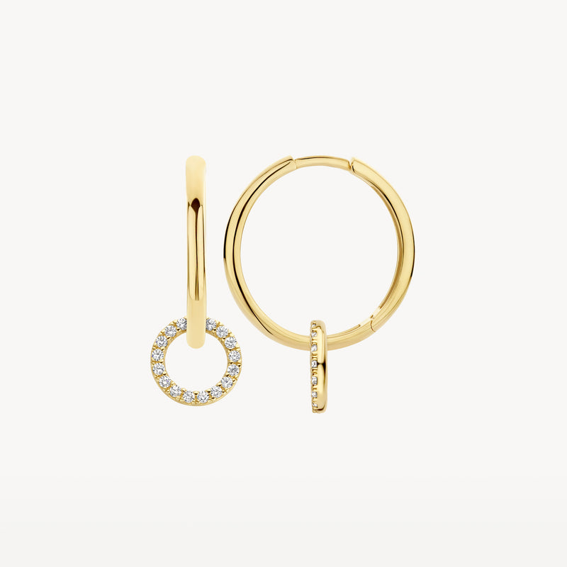 Boucles d'oreilles en or jaune 14k avec pendentifs en zircones rondes et finition lisse.