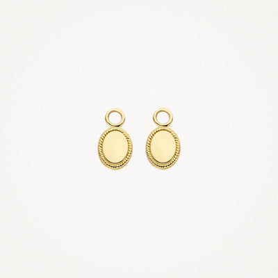 Oorbedels in 14k geelgoud met ovaal hanger en fijn gegutst randdetail.