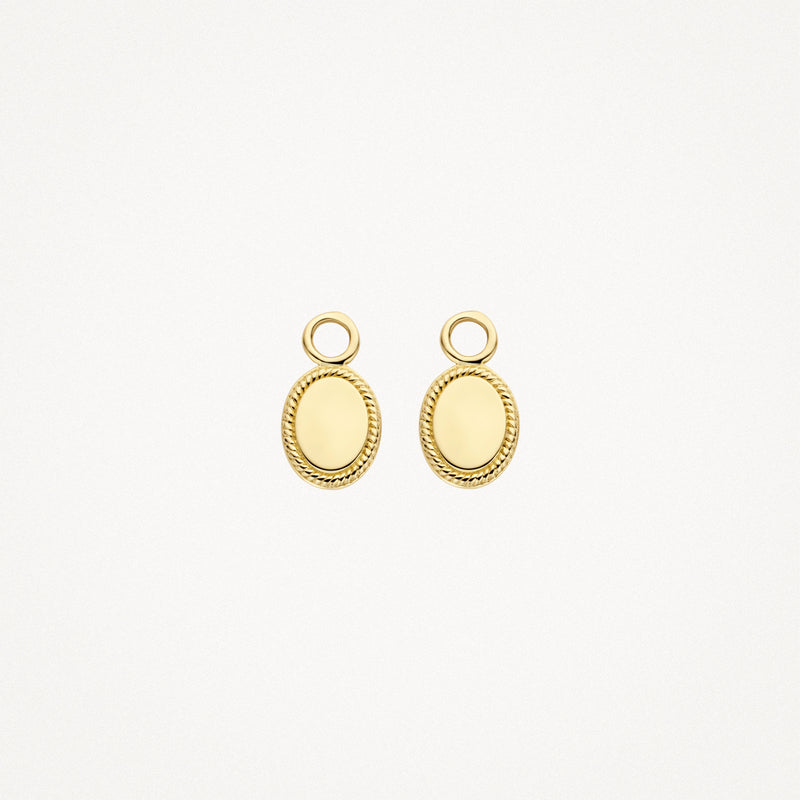 Oorbedels in 14k geelgoud met ovaal hanger en fijn gegutst randdetail.