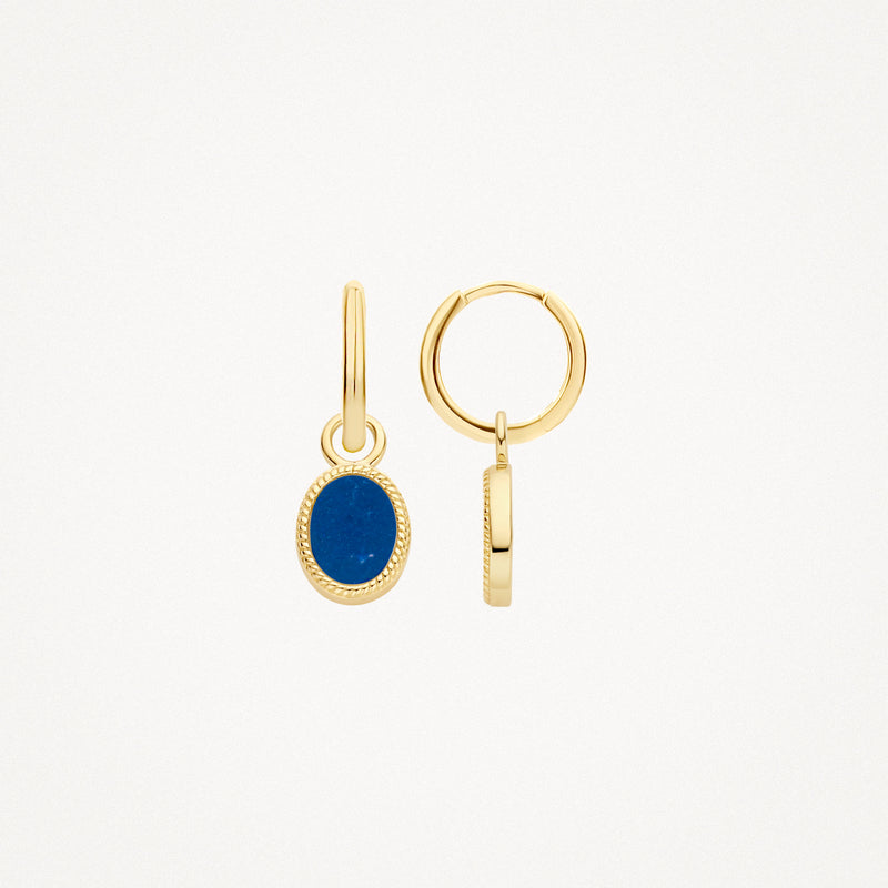 14k geelgouden oorbedels met ovale lapis lazuli hanger en fijne randdetail.