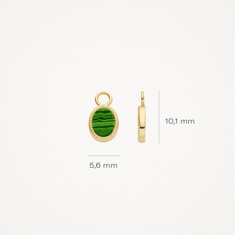 Oorbedel 14k geelgoud met ovale malachiet steen, 5,6 x 10,1 mm plat profiel.