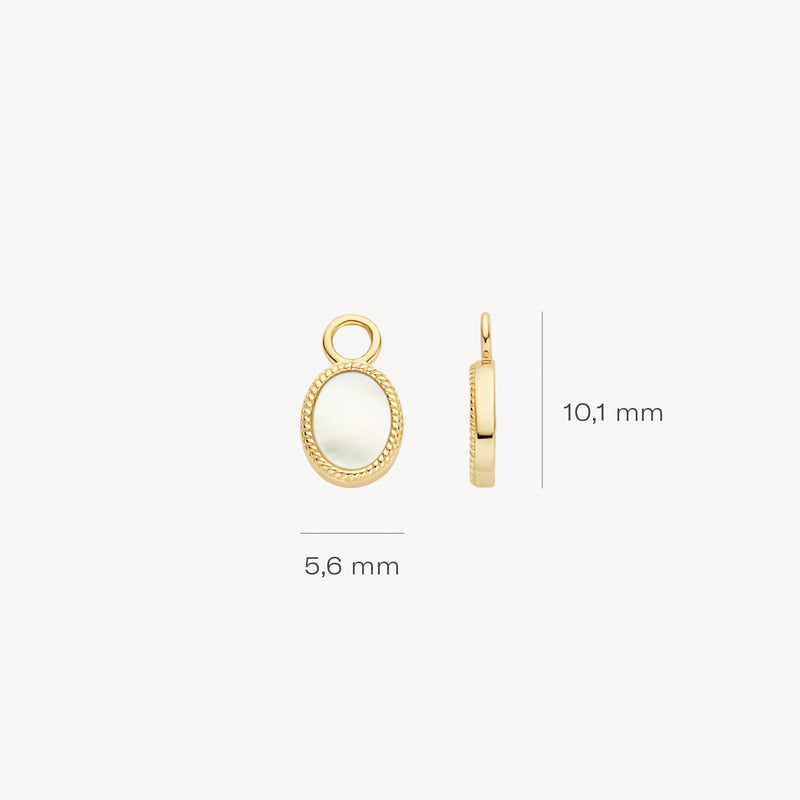 Oorbedel van 14k geelgoud met ovale parelmoer inzet, 10,1 x 5,6 mm.