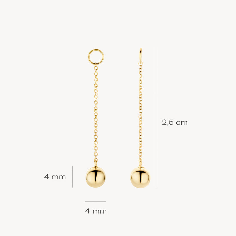 Oorbedels van 14k geelgoud met fijne schakels en bolvormige hanger van 4 mm in lengte 2,5 cm.
