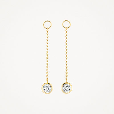 14k geelgouden oorbedels met lange ketting en ronde zirkonia hanger.