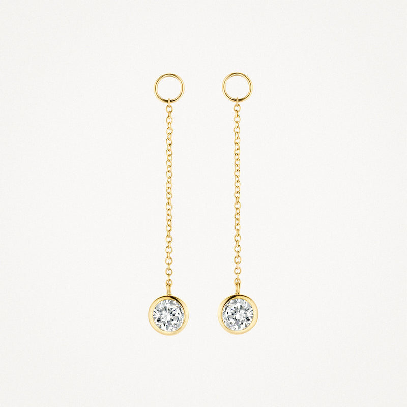 14k geelgouden oorbedels met lange ketting en ronde zirkonia hanger.