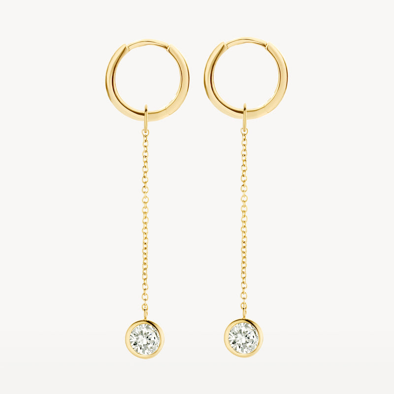 14k geelgouden oorbellen met dunne ketting en fonkelende zirkonia hanger.