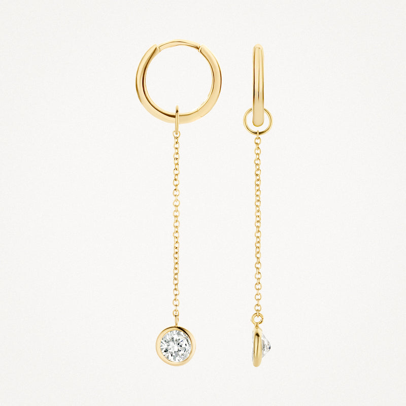 14k Goud oorbedels met lange ketting en zirkonia hanger.