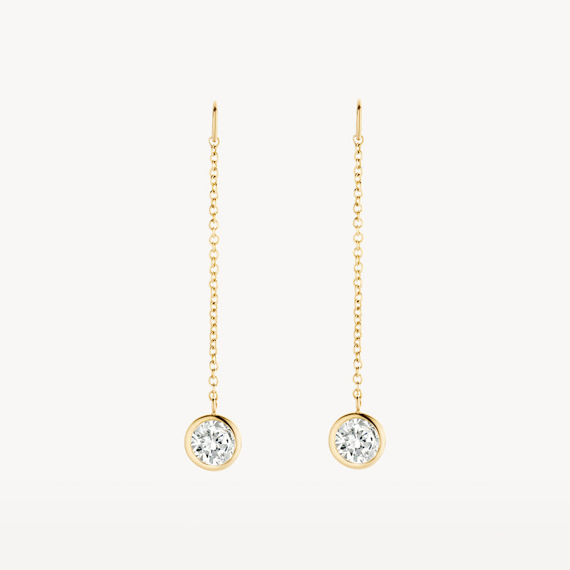 Oorbedels in 14k geelgoud met ronde zirkonia hangend aan een fijne ketting.
