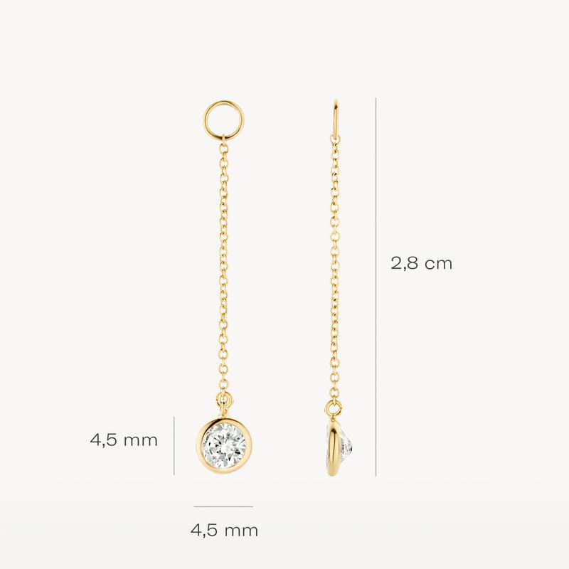 Oorbedel 14k geelgoud met ronde zirkonia aan fijne ketting van 2,8 cm lang.