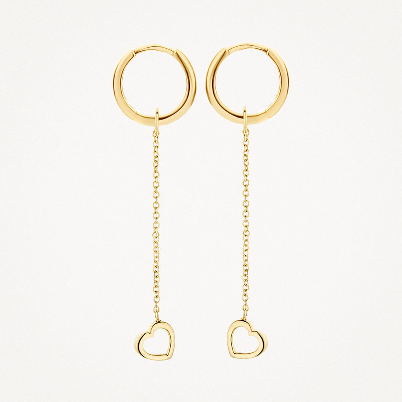 14k goud oorbedels met fijne schakelketting en hartvormige hanger.