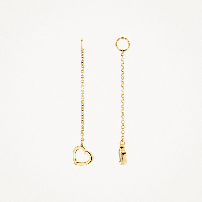 14k geelgouden oorbedel met fijne schakelketting en hartvormige hanger.