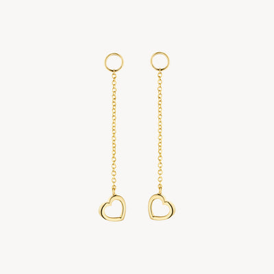 14k geelgouden oorbedels met fijne schakels en hartje aan het uiteinde.
