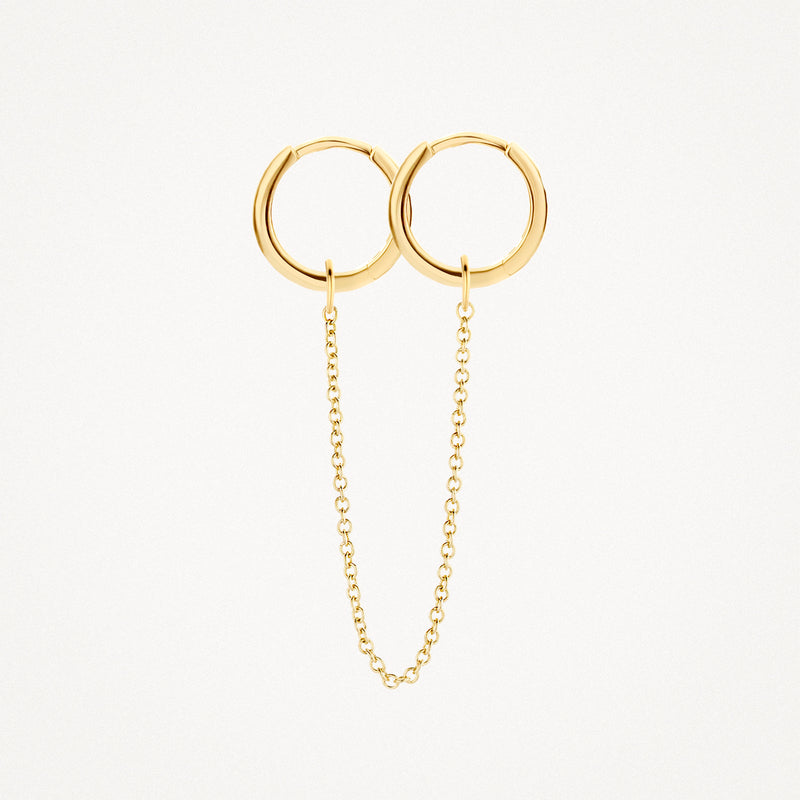 14k geelgouden oorringen verbonden door fijne schakelketting.