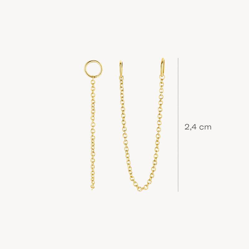 14k geelgouden oorbedel met fijne schakels en lengte van 2,4 cm.