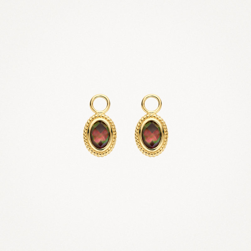 Oorbedels 14k geel goud met ovale rode steen en dubbele rand van 14k goud.