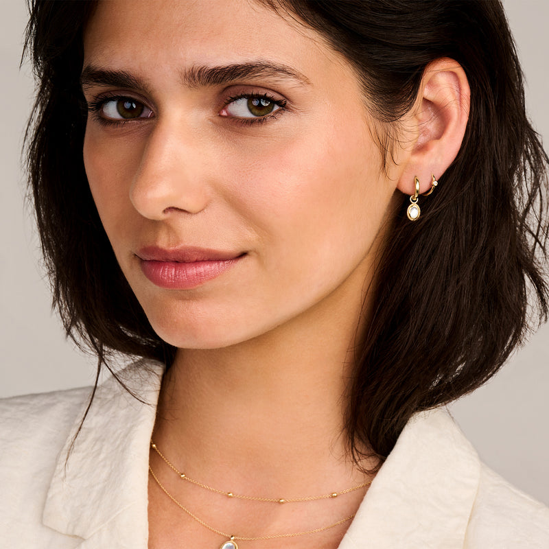 Oorringen 14k Goud met kleine zilveren zirkonia en hangende parel.