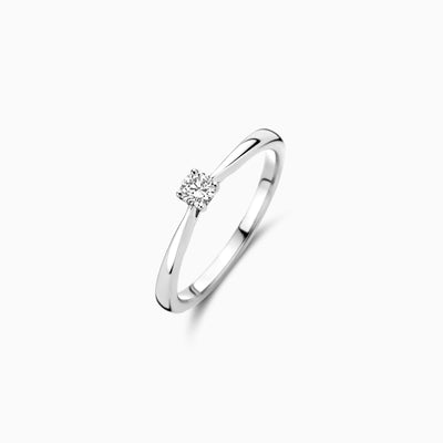 14k wit goud solitair ring met fonkelende lab diamant en gerecycled goud band.