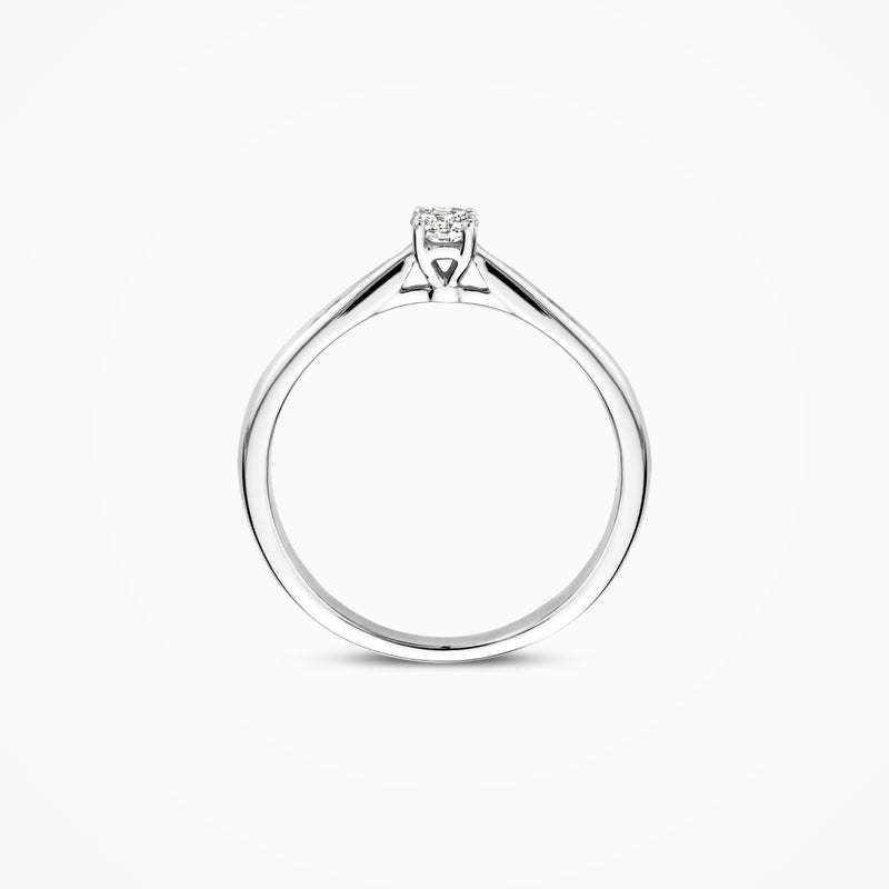 Labdiamanten solitair ring van 14k wit goud met gerecycled goud en ronde diamant.