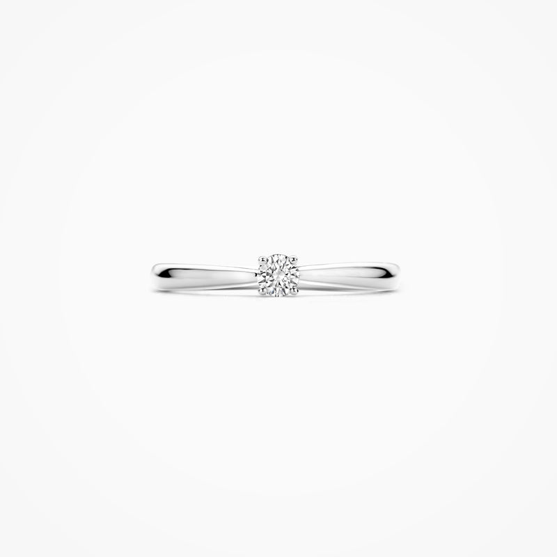 14k witgouden solitair ring met fonkelende lab diamant in het midden.