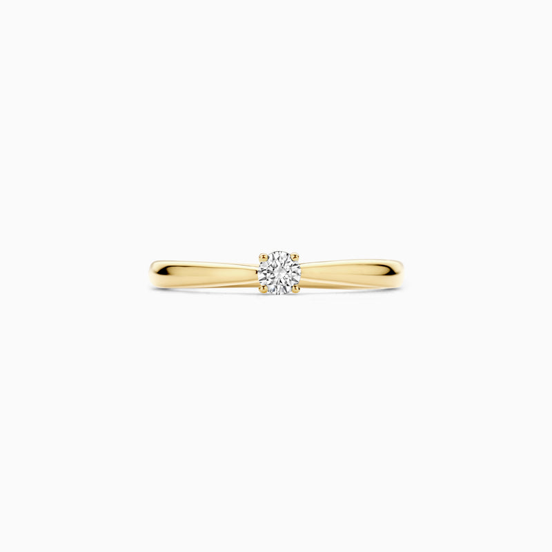 14k geelgouden solitair ring met een fonkelende lab diamant in het midden.