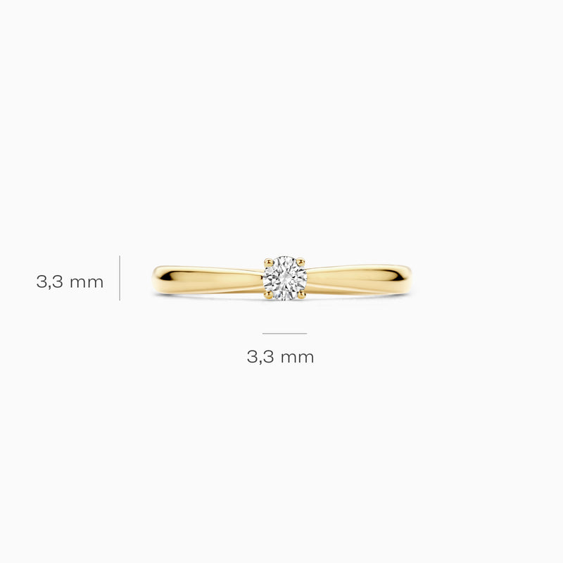 14k geelgouden solitair ring met een ronde lab diamant van 3,3 mm diameter.