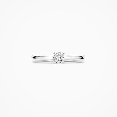 14k witgouden solitair ring met ronde lab diamant en slanke band, gerecycled goud.