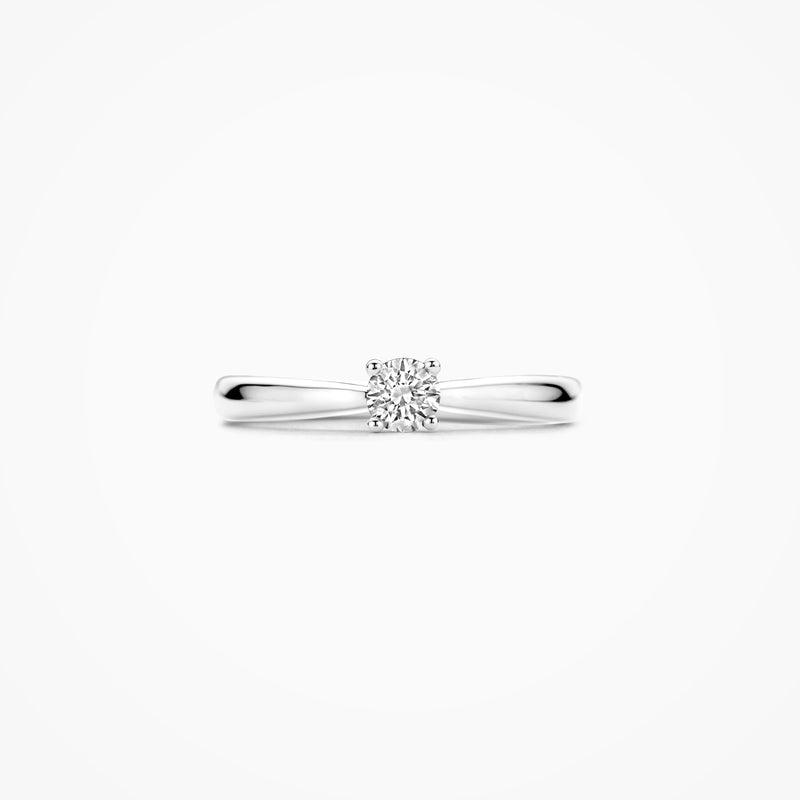 14k witgouden solitair ring met ronde lab diamant en slanke band, gerecycled goud.