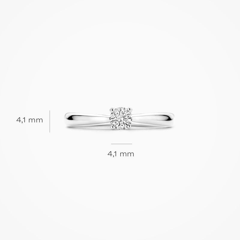 14k witgouden solitair ring met ronde lab diamant, band 4,1 mm breed.
