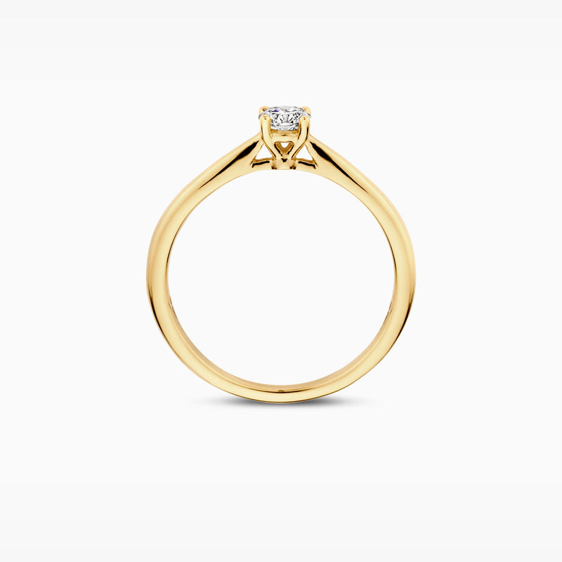 14k geelgouden ring met solitaire lab diamant, strakke ronde band.