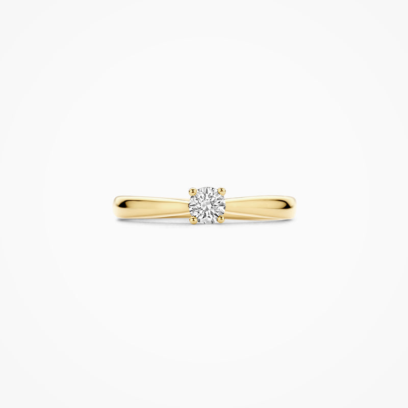 14k geelgouden solitair ring met ronde lab diamant en gladde band.