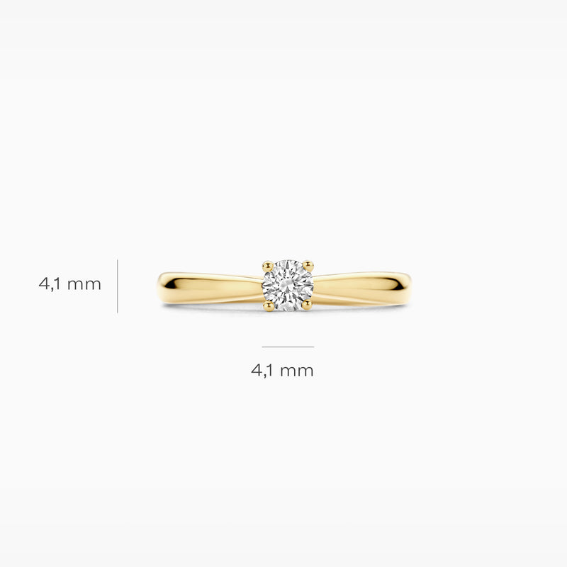14k geelgouden solitair ring met fonkelende lab diamant, 4,1 mm bandbreedte.