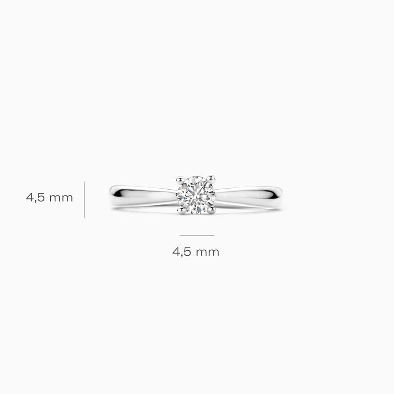 14k witgouden solitair ring met ronde lab diamant van 4,5 mm breedte.