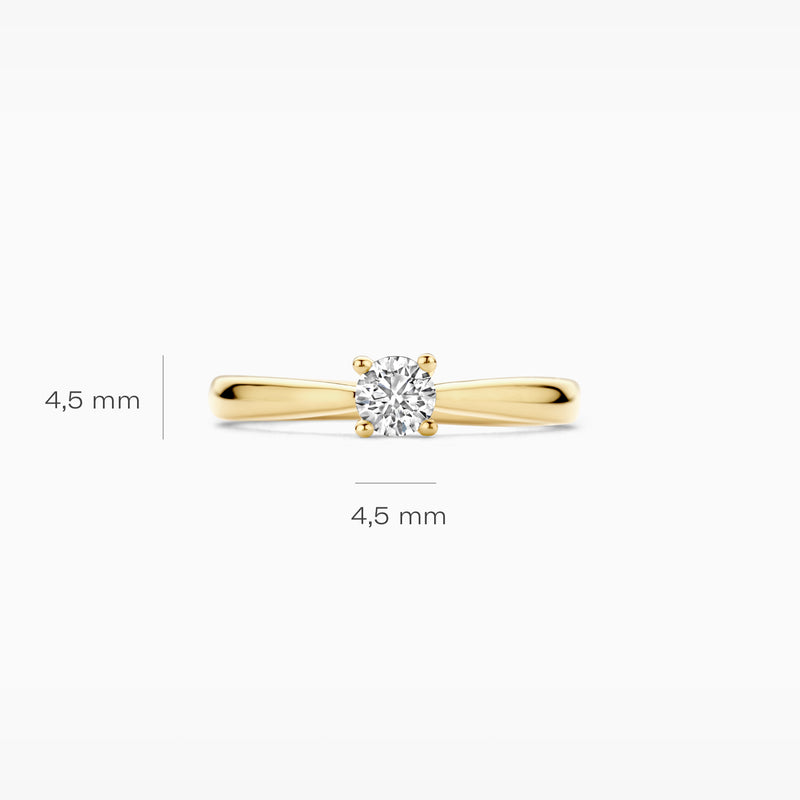 14k geelgouden solitair ring met ronde lab diamant, ringbreedte 4,5 mm.