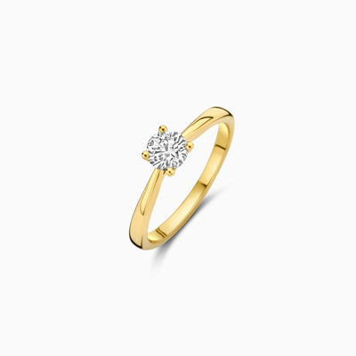 14k geelgouden solitair ring met Lab Diamond centraal facet.