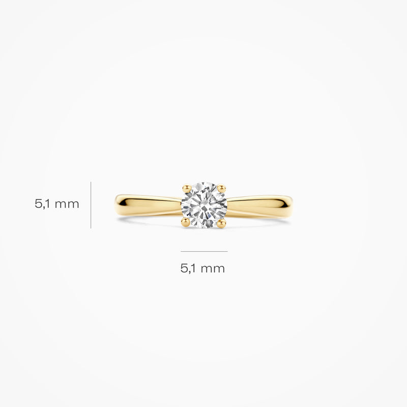 14k geelgouden solitair ring met ronde lab diamant van 5,1 mm.