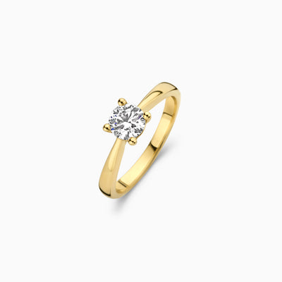 14k geelgouden ring met solitaire Lab Diamond briljant geslepen diamant.