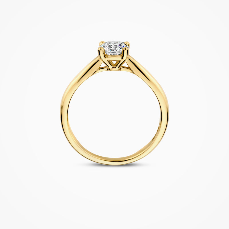 14k geelgouden solitair ring met ronde lab diamant en minimalistische band.