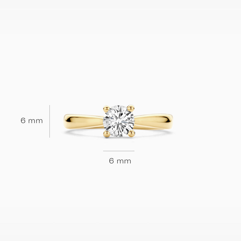 14k geelgouden solitair ring met een fonkelende lab diamant van 6 mm.