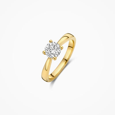 14k geelgouden solitair ring met ronde lab diamant en gerecycled goud.