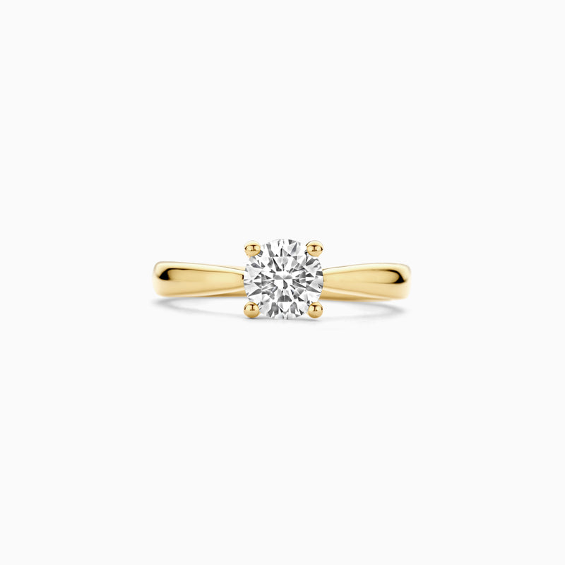 14k geelgouden ring met solitair lab diamant en gladde band.