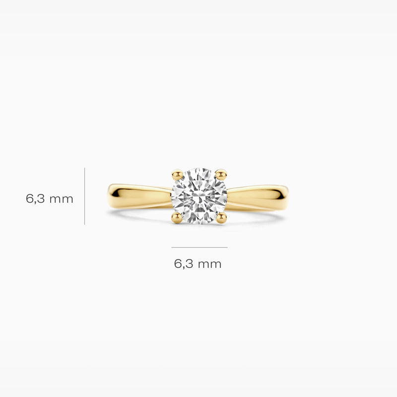 14k geelgouden solitair ring met ronde lab diamant van 6,3 mm.
