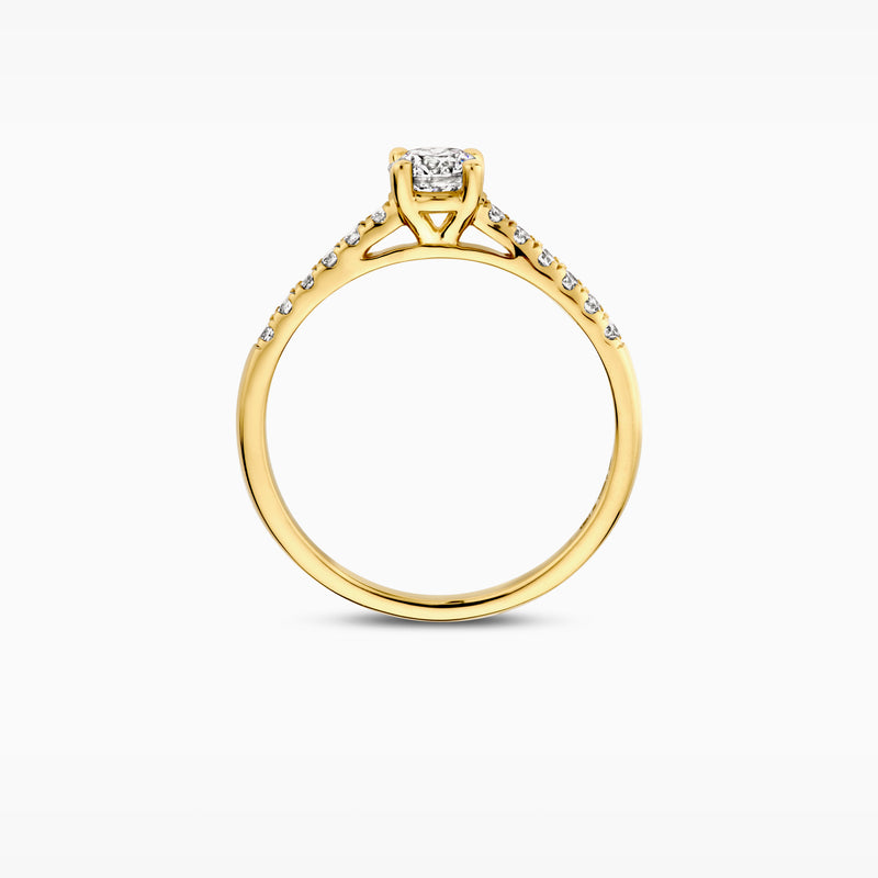 14k geelgouden ring met centrale lab diamant en kleine zijstenen aan de zijkant.