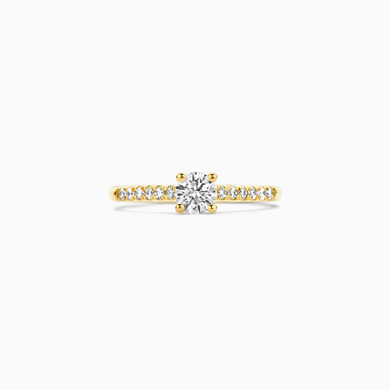 14k geelgouden ring met ronde lab diamant en kleine diamanten langs de band.